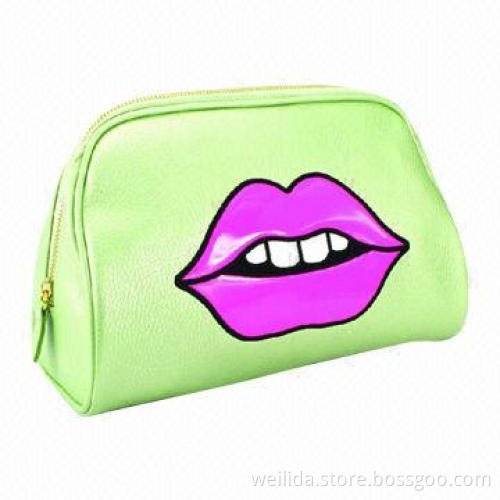 PU Cosmetic Bag with Big Mouth Embroidery Logo, Customized Designs Welcomed